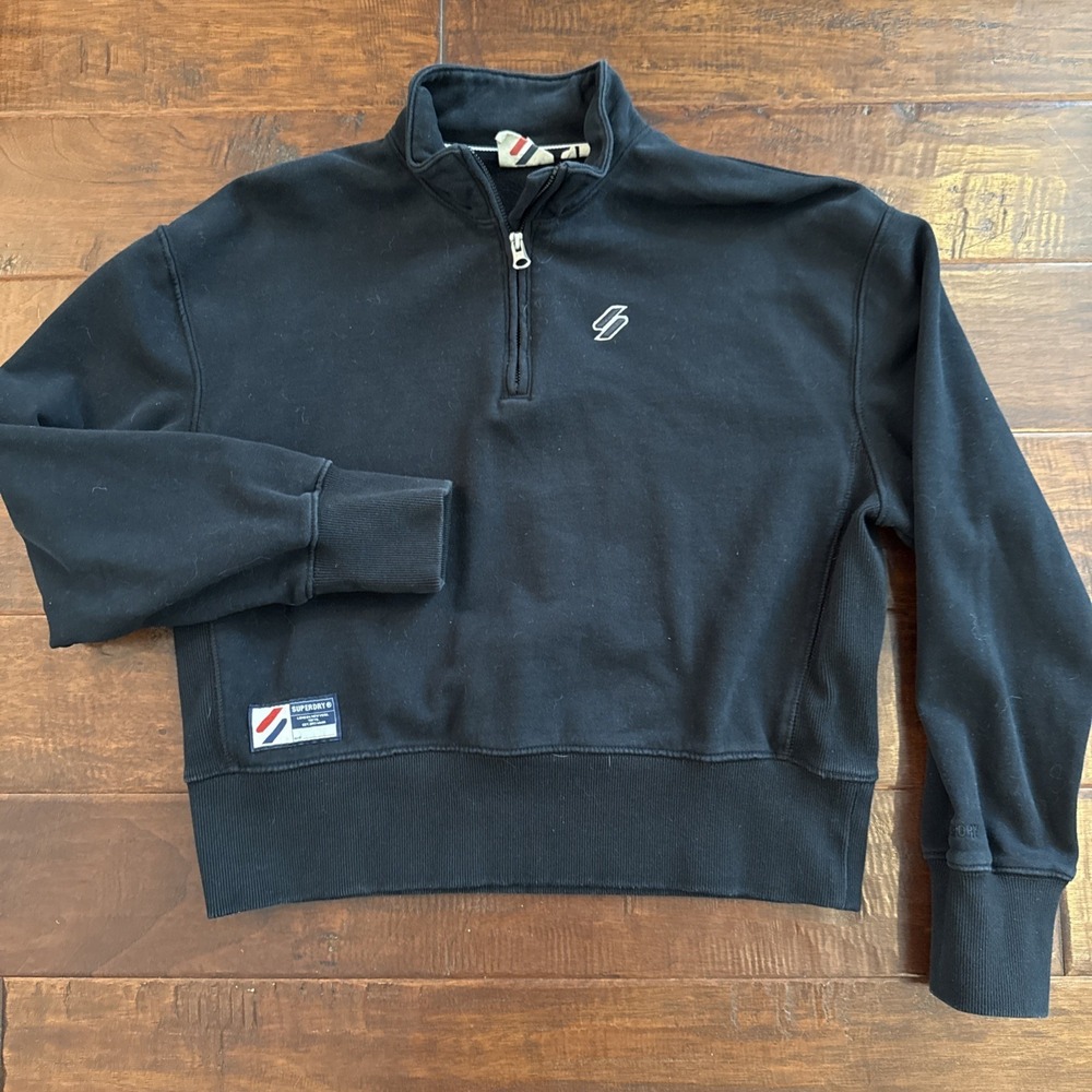 Superdry 1/4 Zip Cropped Sweatshirt Size 8 Black Stand Up Neck Think